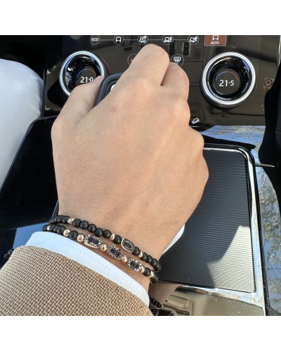 Pulsera Ónix con Eslabón Liso en Oro Rosa 18K - Colección Wolf Macramé