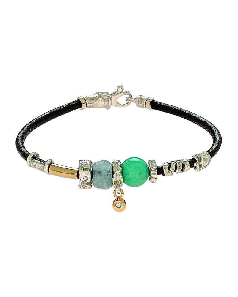 Pulsera Misani B2060 cuero oro plata y amazonita