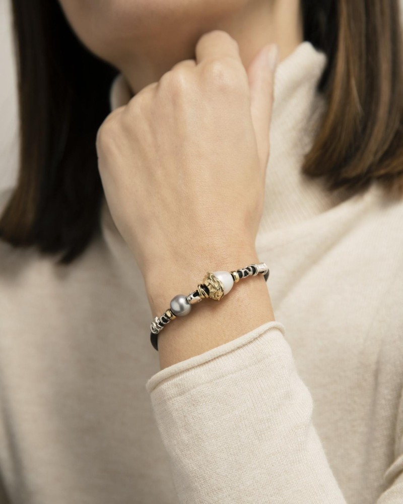 Pulsera Misani B2050 cuero 3 mm oro plata y perla