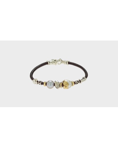 Pulsera Misani B2050 cuero 3 mm oro plata y perla