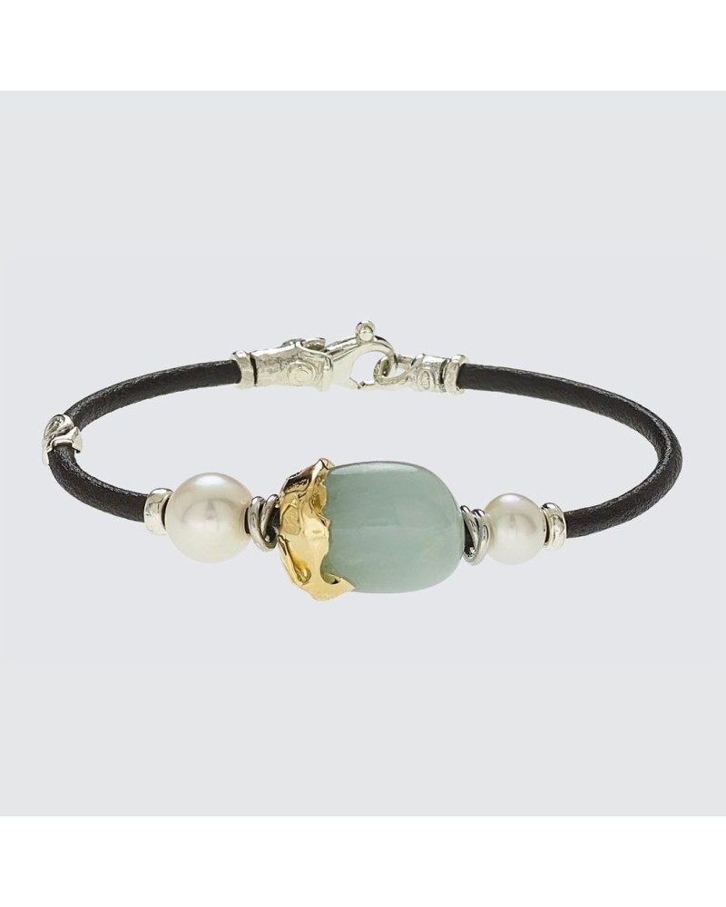 Pulsera Misani B2085 cuero oro plata perlas y aguamarina