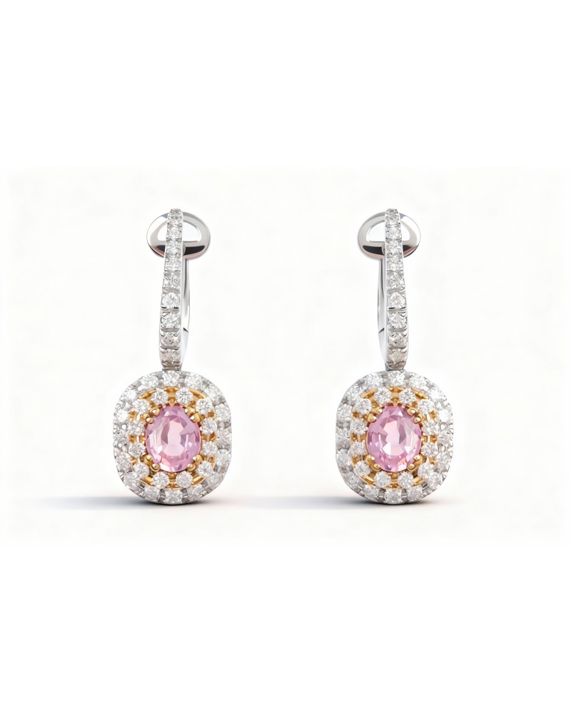 Pendientes oro 18K Davite & Delucchi con zafiros rosas y doble halo de diamantes – modelo BB009585ZR